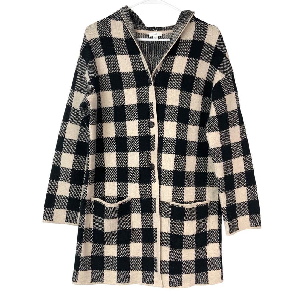 J. Jill Black Cream Buffalo Plaid Cardigan S Tall Button Up Hooded Long Sleeve